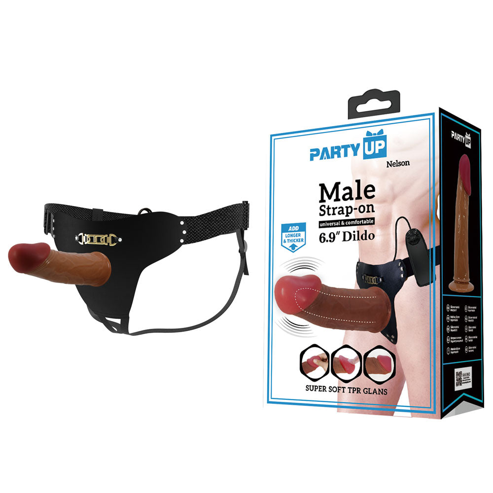 Party Up NELSON Vibrating Strap-On - Brown 17.5 cm Vibrating Hollow Strap-On Party Up